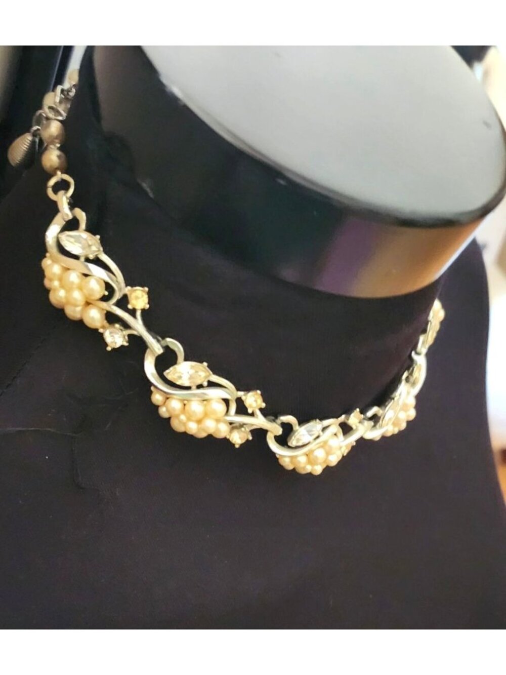 Faux Pearl & Rhinestone Cluster Necklace By Star Vine Design Grapes Leaves MCM V